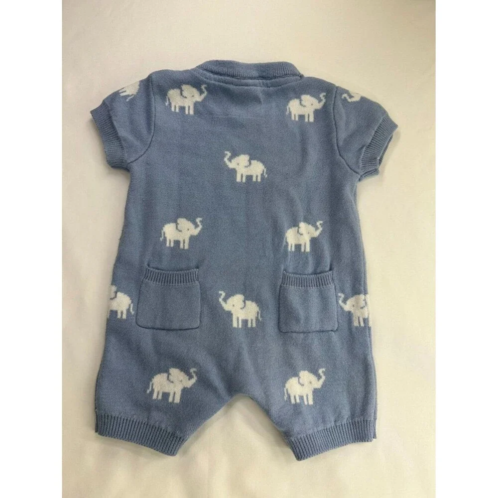Janie and Jack Baby Boy 0-3M Light Blue Elephant Romper Preppy Heirloom